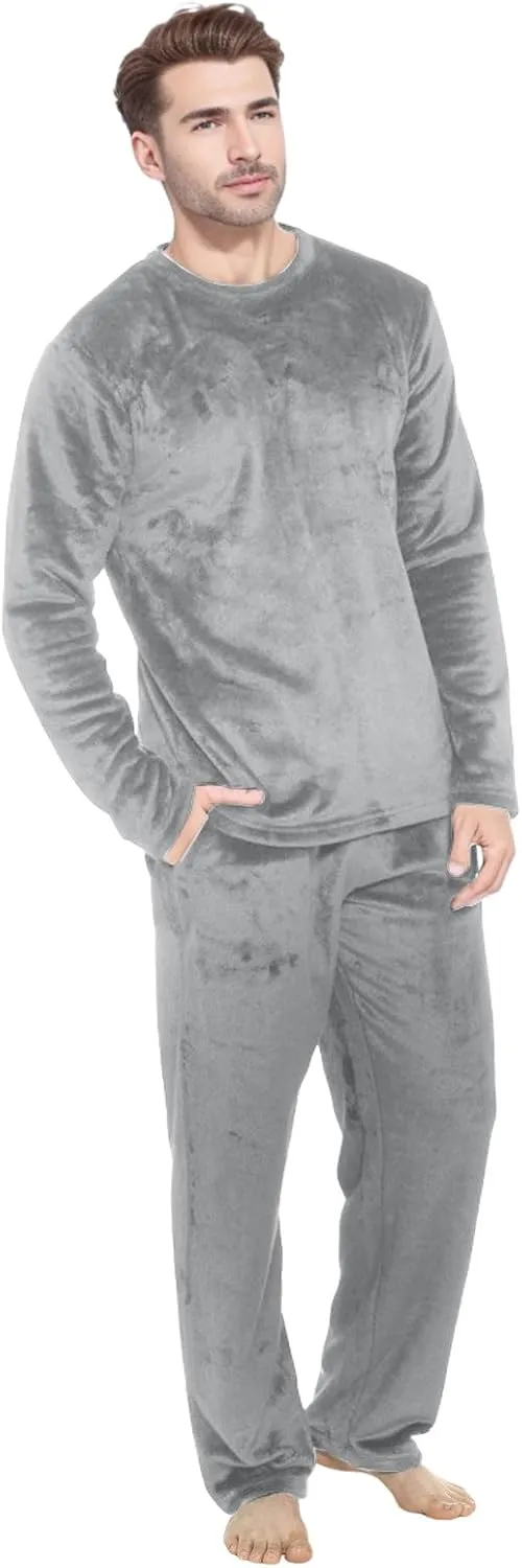 Mens Pajamas Set 2Pc Flannel Pajamas for Men Velvet Fleece Lounge Pants Long Sleeve Sleepwear Soft Pjs Sleepwear