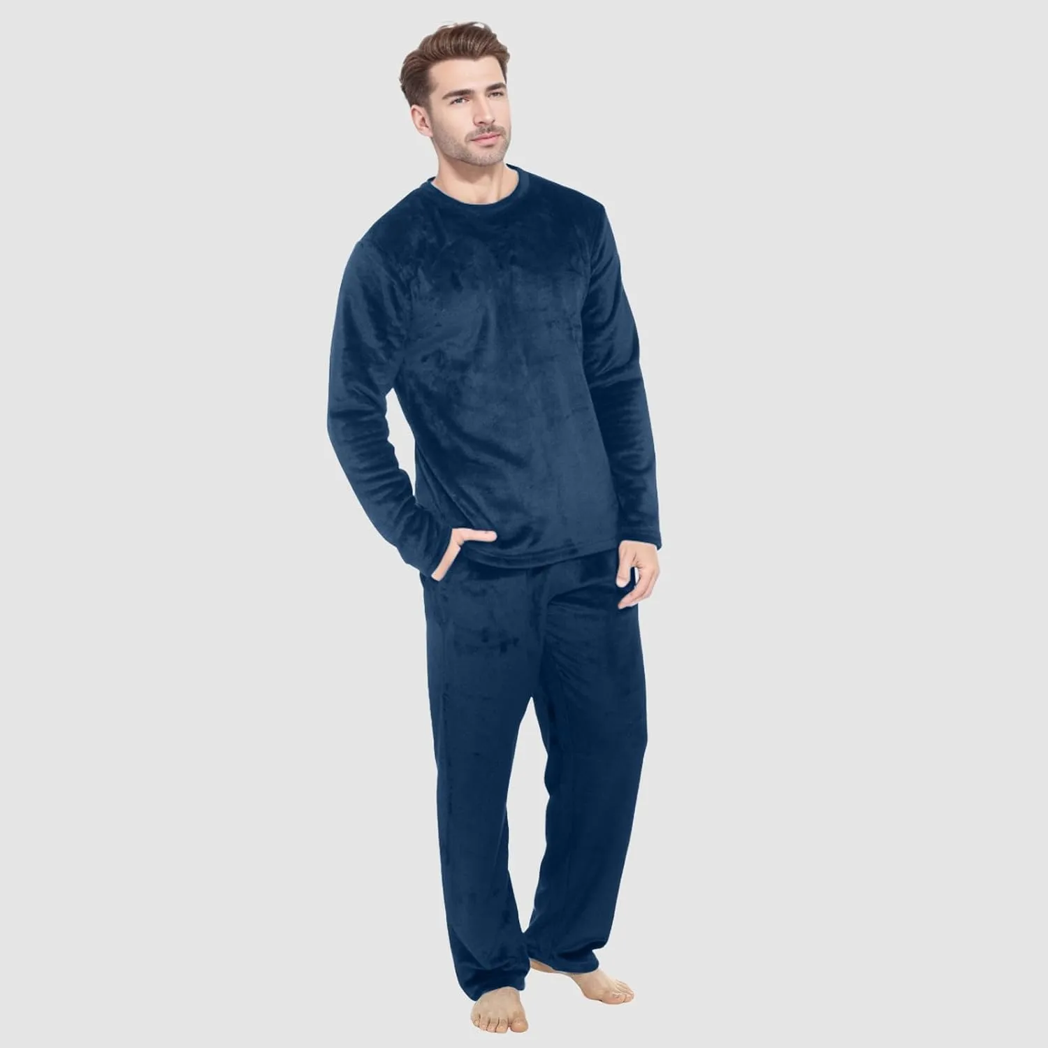 Mens Pajamas Set 2Pc Flannel Pajamas for Men Velvet Fleece Lounge Pants Long Sleeve Sleepwear Soft Pjs Sleepwear