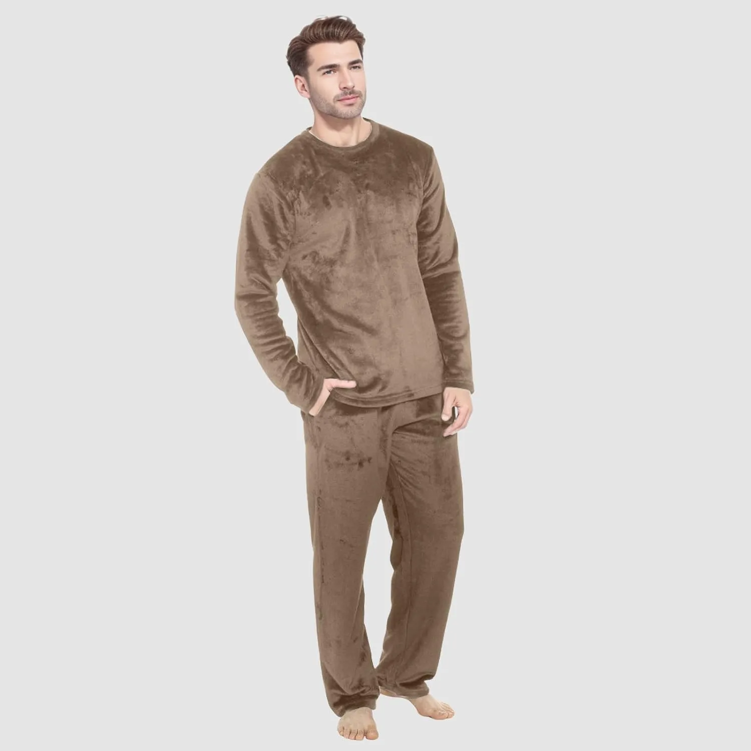Mens Pajamas Set 2Pc Flannel Pajamas for Men Velvet Fleece Lounge Pants Long Sleeve Sleepwear Soft Pjs Sleepwear