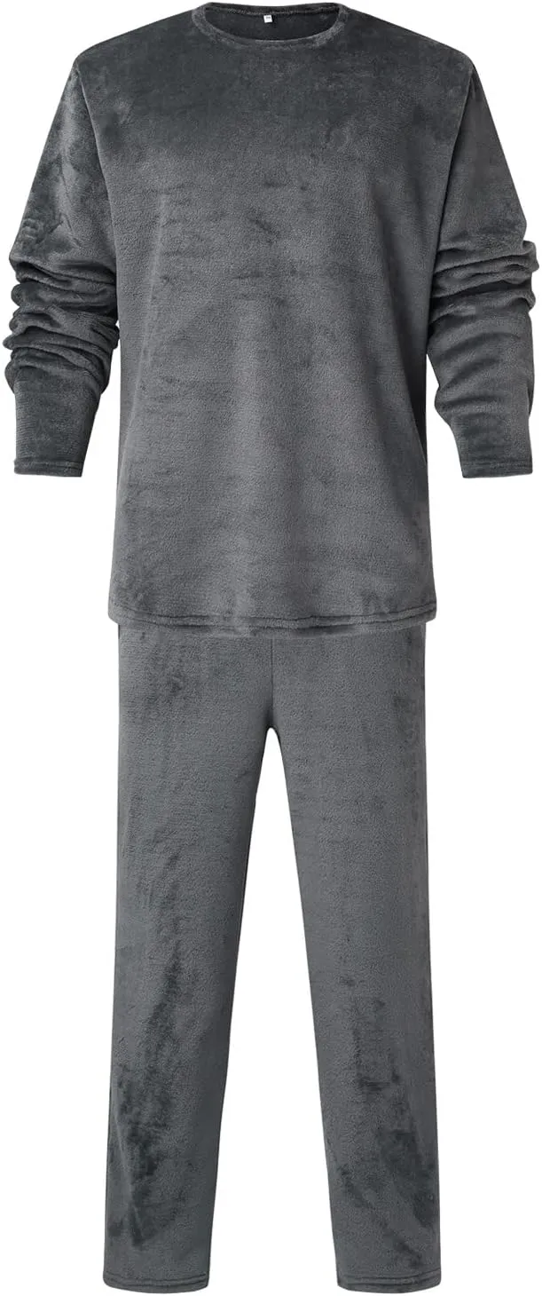 Mens Pajamas Set 2Pc Flannel Pajamas for Men Velvet Fleece Lounge Pants Long Sleeve Sleepwear Soft Pjs Sleepwear