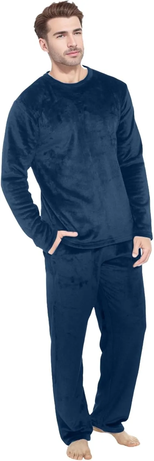 Mens Pajamas Set 2Pc Flannel Pajamas for Men Velvet Fleece Lounge Pants Long Sleeve Sleepwear Soft Pjs Sleepwear