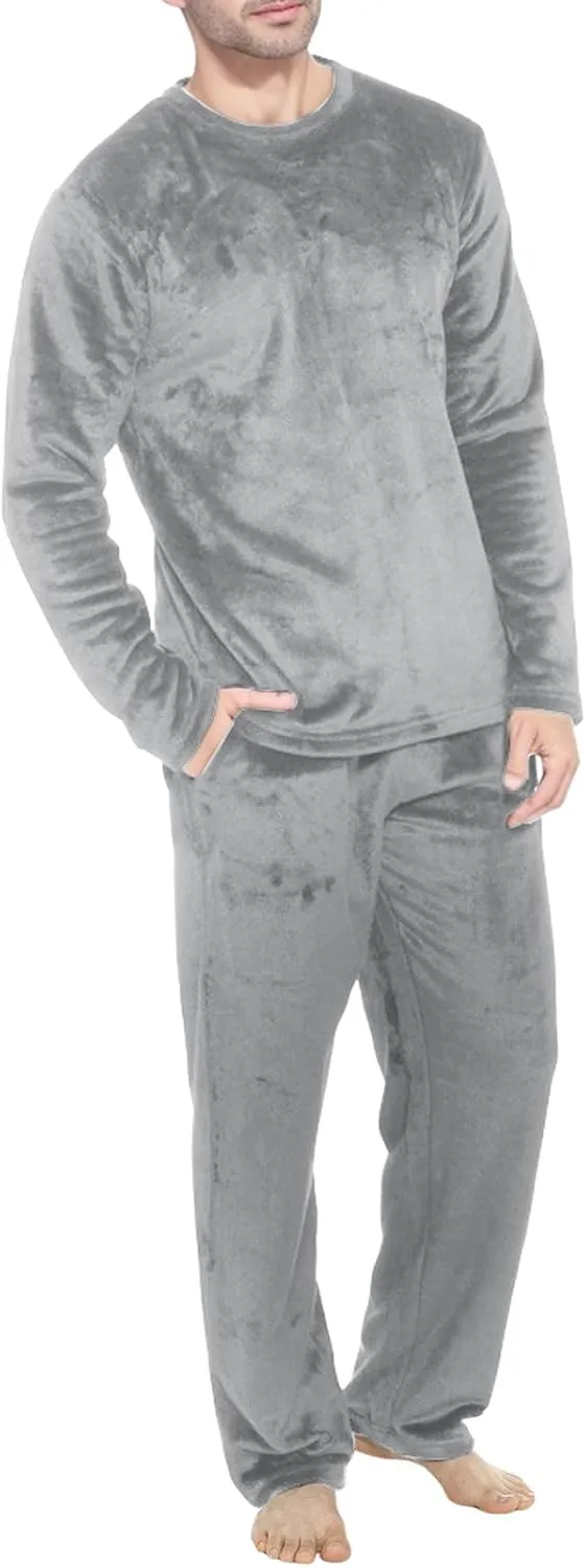 Mens Pajamas Set 2Pc Flannel Pajamas for Men Velvet Fleece Lounge Pants Long Sleeve Sleepwear Soft Pjs Sleepwear