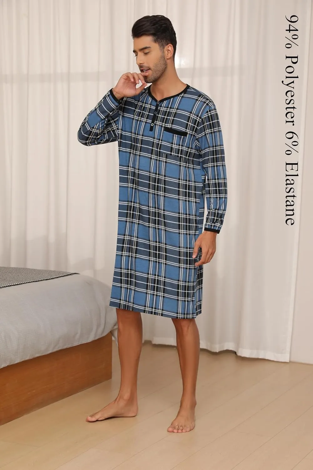 Men's Plaid Long Sleeve Nightshirt Knee-Length Sleepwear with Chest Pocket Sleepwear