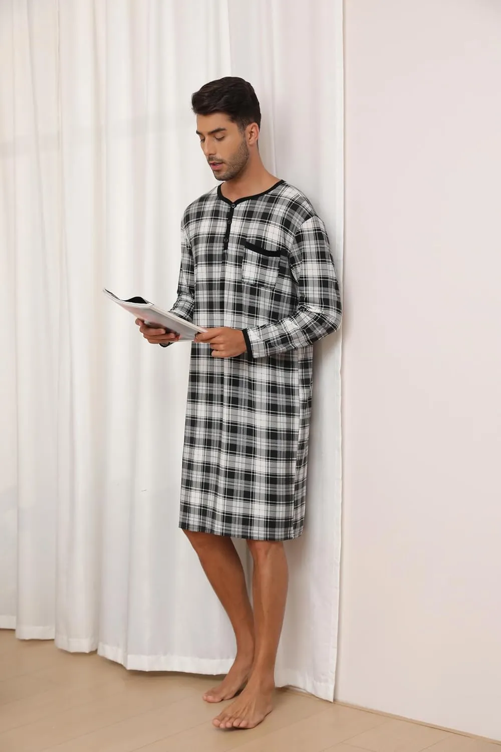 Men's Plaid Long Sleeve Nightshirt Knee-Length Sleepwear with Chest Pocket Sleepwear