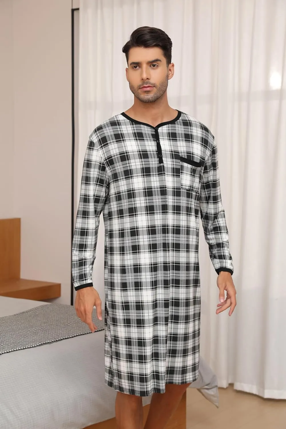 Men's Plaid Long Sleeve Nightshirt Knee-Length Sleepwear with Chest Pocket Sleepwear