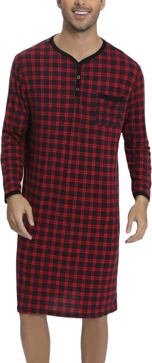 Men's Plaid Long Sleeve Nightshirt Knee-Length Sleepwear with Chest Pocket Sleepwear