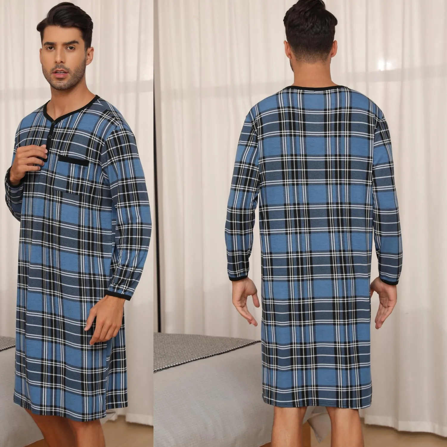 Men's Plaid Long Sleeve Nightshirt Knee-Length Sleepwear with Chest Pocket Sleepwear