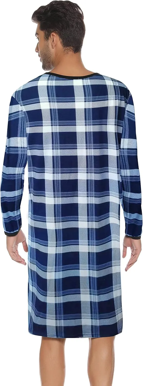 Men's Plaid Long Sleeve Nightshirt Knee-Length Sleepwear with Chest Pocket Sleepwear