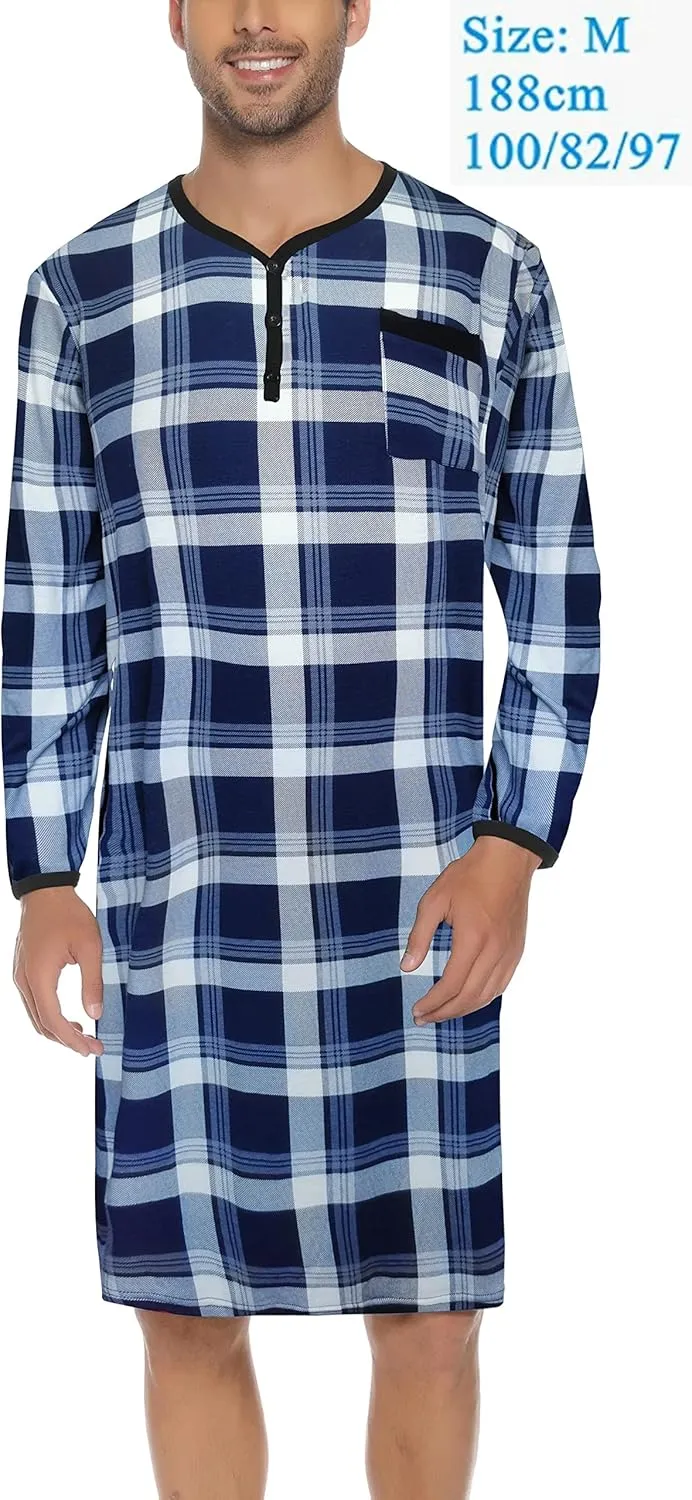 Men's Plaid Long Sleeve Nightshirt Knee-Length Sleepwear with Chest Pocket Sleepwear