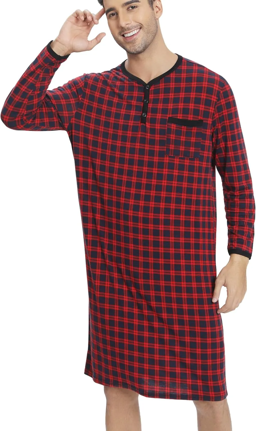 Men's Plaid Long Sleeve Nightshirt Knee-Length Sleepwear with Chest Pocket Sleepwear