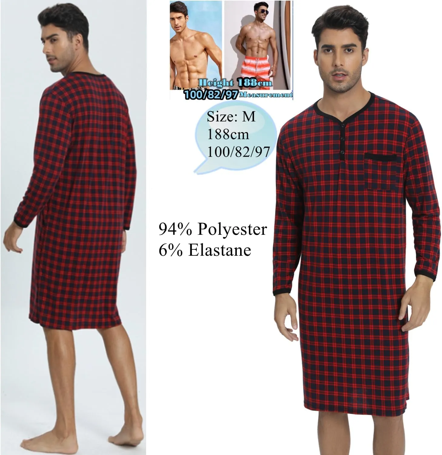 Men's Plaid Long Sleeve Nightshirt Knee-Length Sleepwear with Chest Pocket Sleepwear