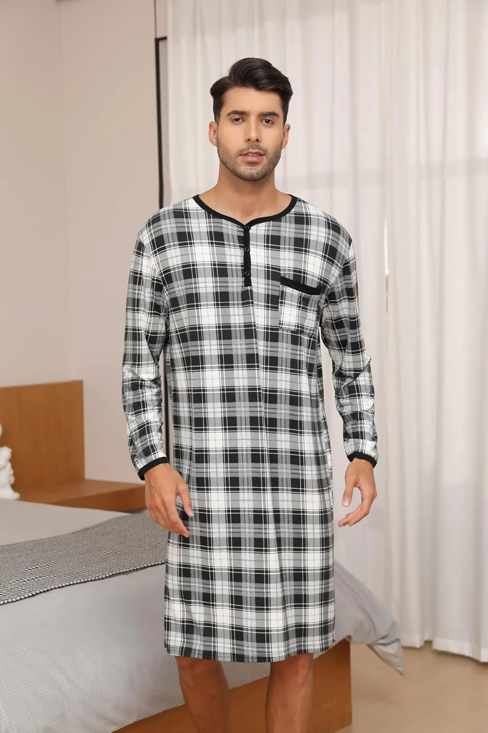 Men's Plaid Long Sleeve Nightshirt Knee-Length Sleepwear with Chest Pocket Sleepwear