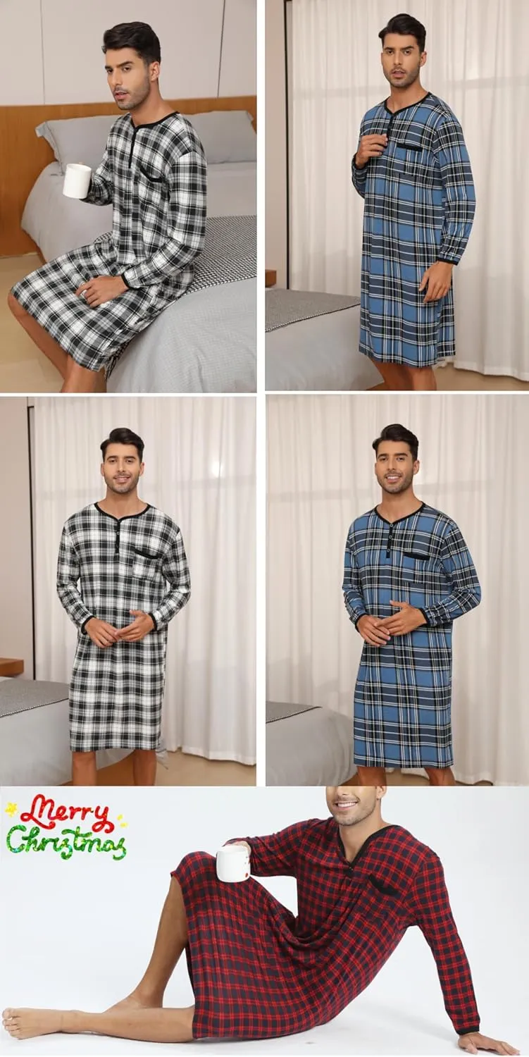 Men's Plaid Long Sleeve Nightshirt Knee-Length Sleepwear with Chest Pocket Sleepwear