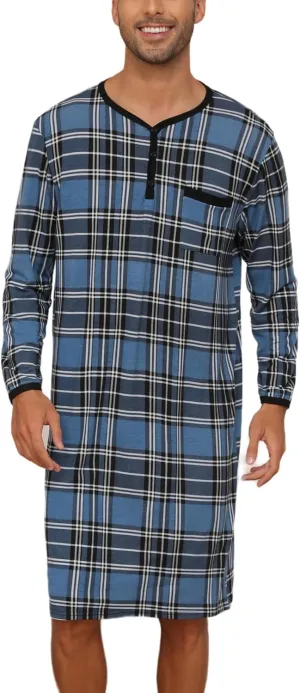 Men's Plaid Long Sleeve Nightshirt Knee-Length Sleepwear with Chest Pocket Sleepwear
