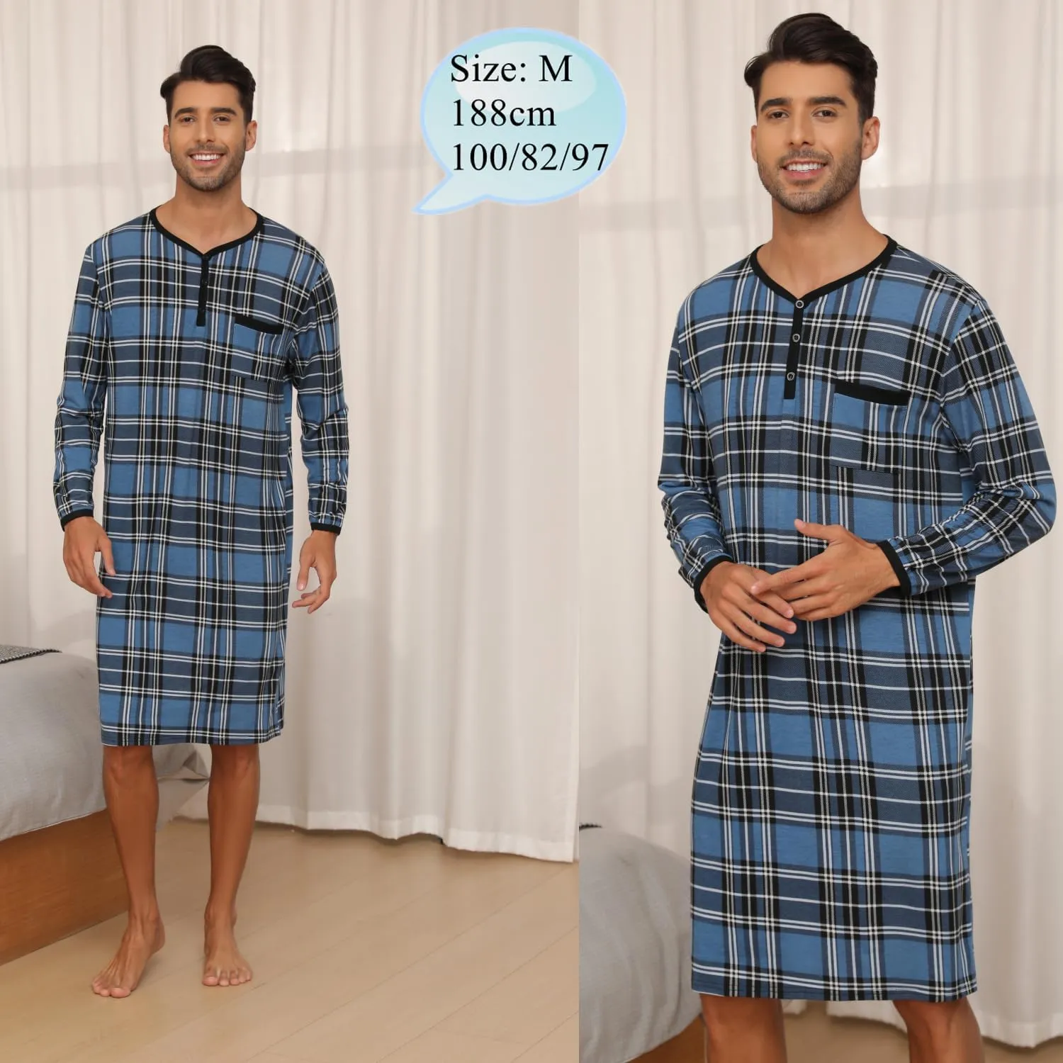 Men's Plaid Long Sleeve Nightshirt Knee-Length Sleepwear with Chest Pocket Sleepwear