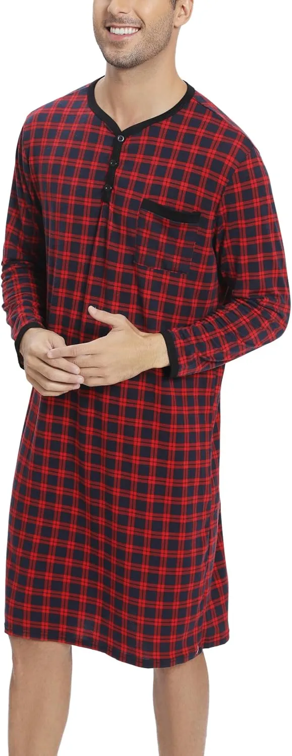 Men's Plaid Long Sleeve Nightshirt Knee-Length Sleepwear with Chest Pocket Sleepwear