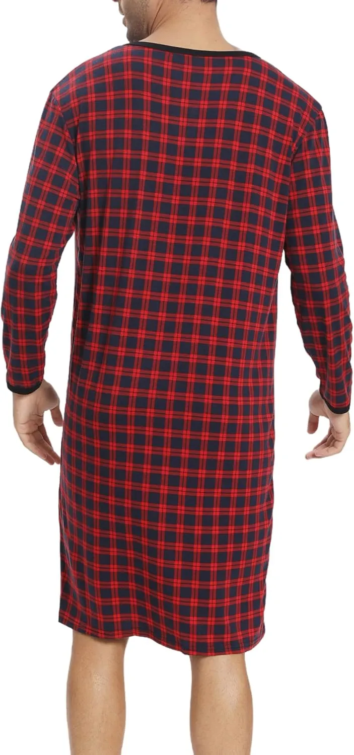 Men's Plaid Long Sleeve Nightshirt Knee-Length Sleepwear with Chest Pocket Sleepwear