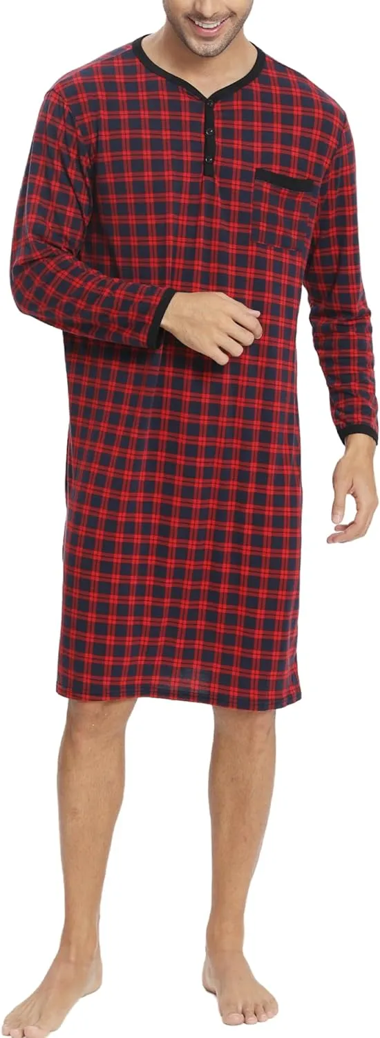 Men's Plaid Long Sleeve Nightshirt Knee-Length Sleepwear with Chest Pocket Sleepwear