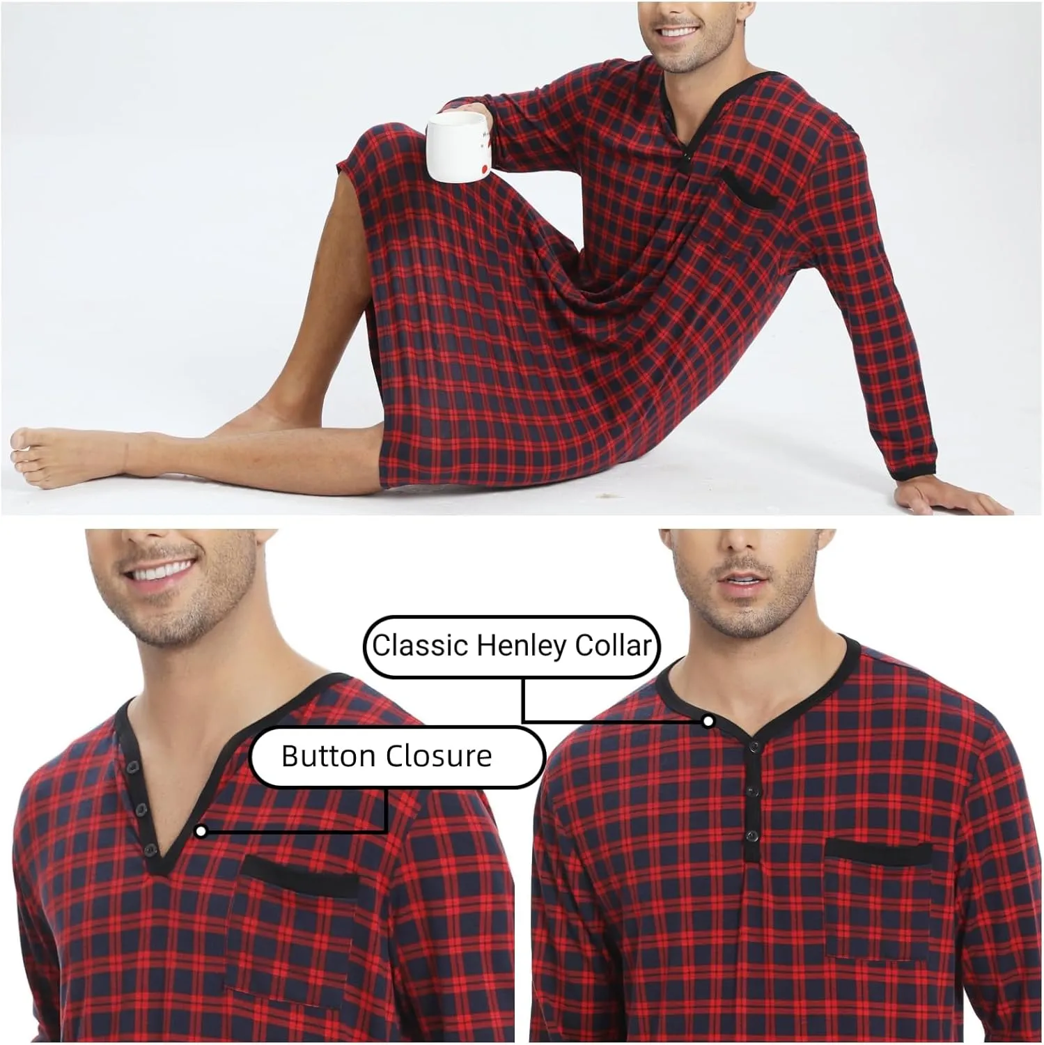Men's Plaid Long Sleeve Nightshirt Knee-Length Sleepwear with Chest Pocket Sleepwear