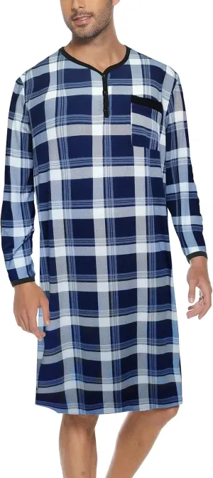 Men's Plaid Long Sleeve Nightshirt Knee-Length Sleepwear with Chest Pocket Sleepwear