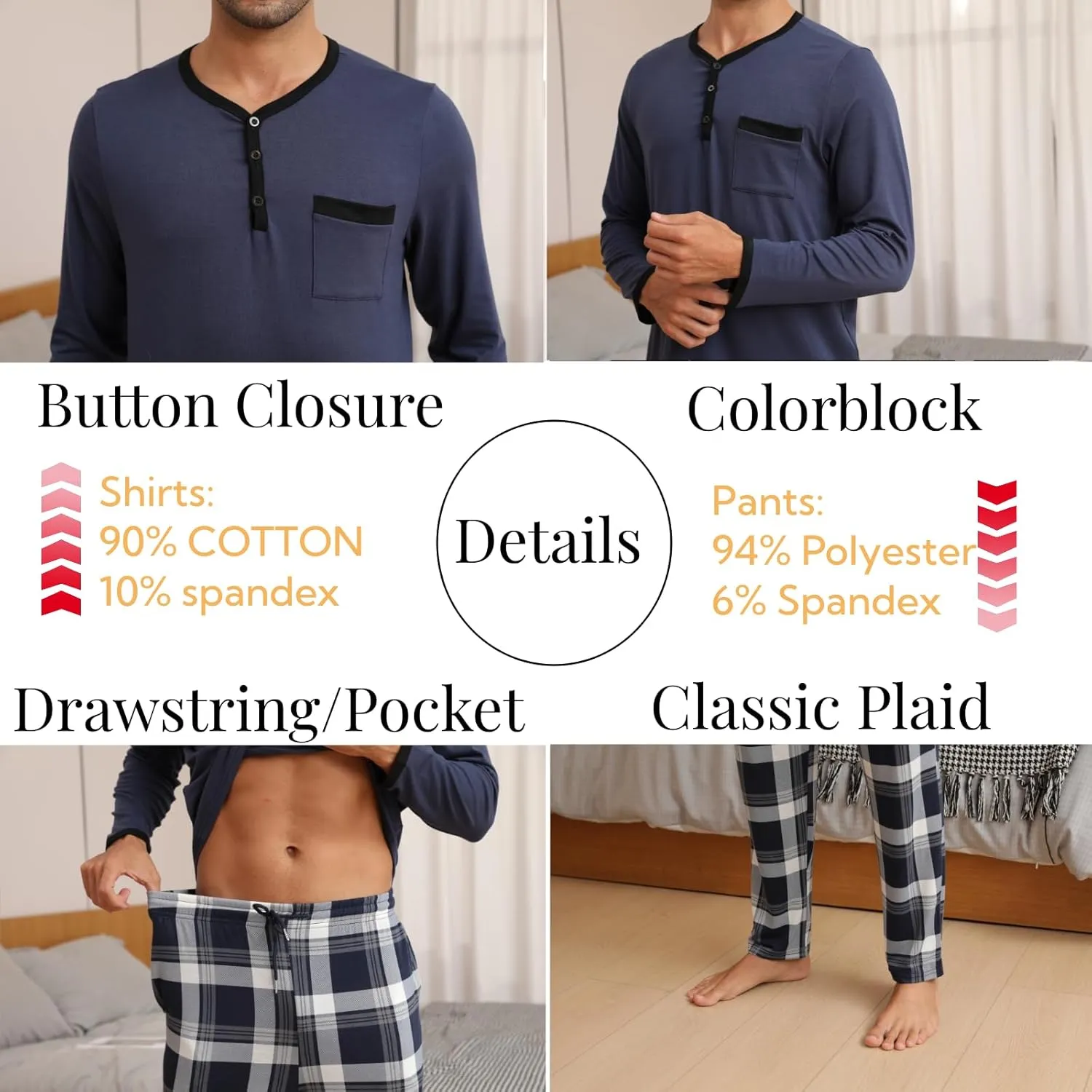 Mens Pyjama Loungewear Sets Comfy Lounge Nightwear Long Sleeve Cotton Pocket Tops Plaid Pants