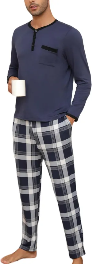 Mens Pyjama Loungewear Sets Comfy Lounge Nightwear Long Sleeve Cotton Pocket Tops Plaid Pants