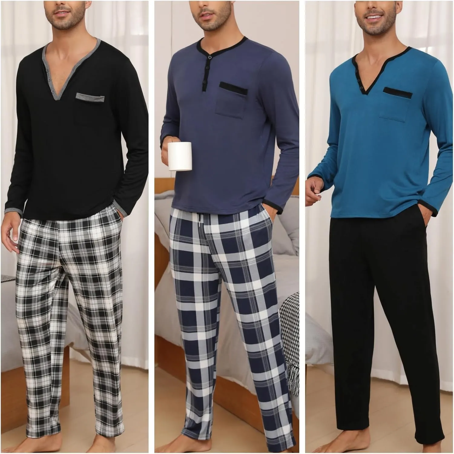 Mens Pyjama Loungewear Sets Comfy Lounge Nightwear Long Sleeve Cotton Pocket Tops Plaid Pants