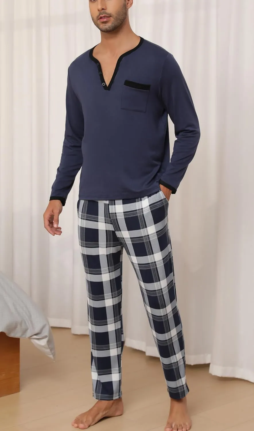 Mens Pyjama Loungewear Sets Comfy Lounge Nightwear Long Sleeve Cotton Pocket Tops Plaid Pants