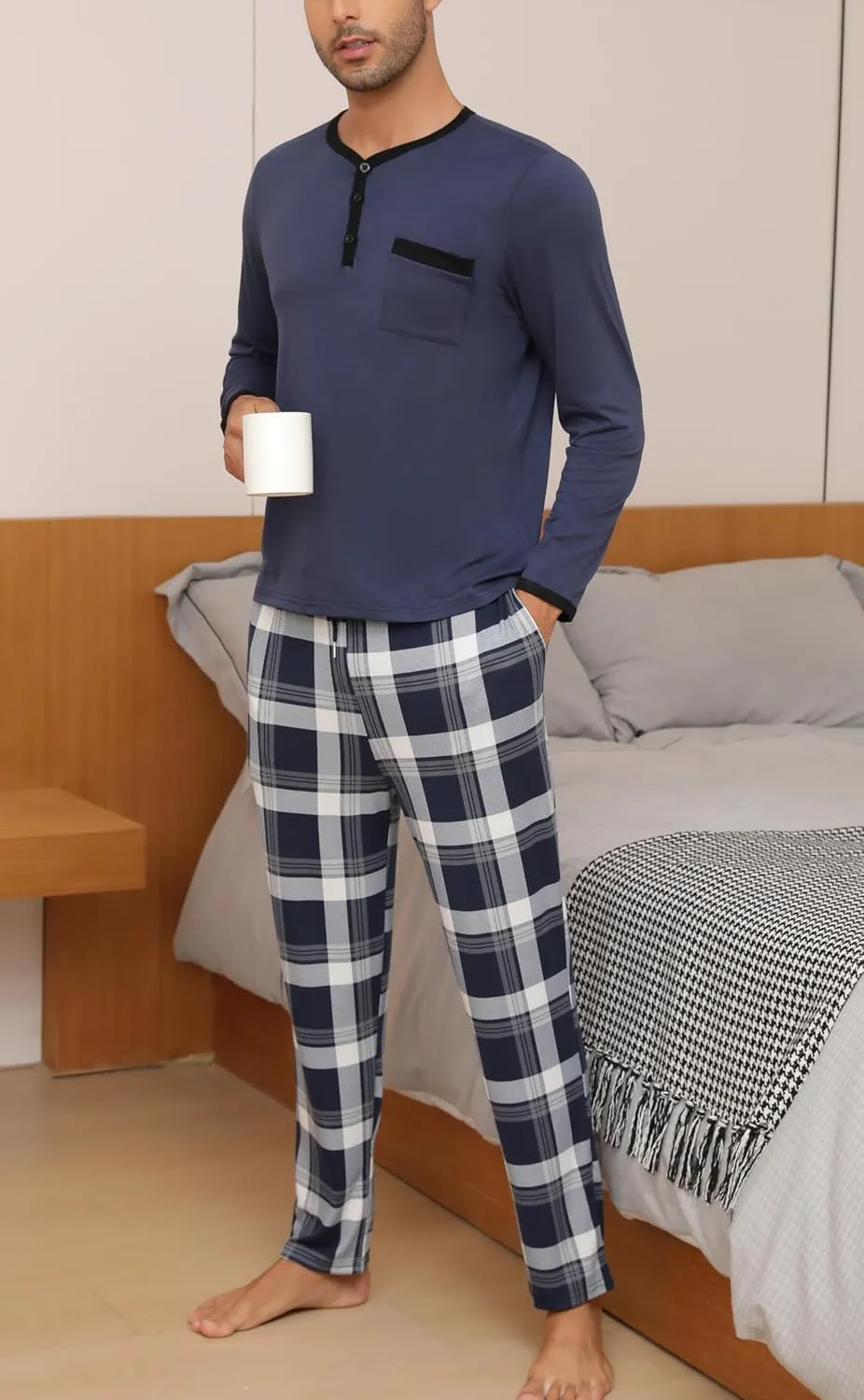 Mens Pyjama Loungewear Sets Comfy Lounge Nightwear Long Sleeve Cotton Pocket Tops Plaid Pants