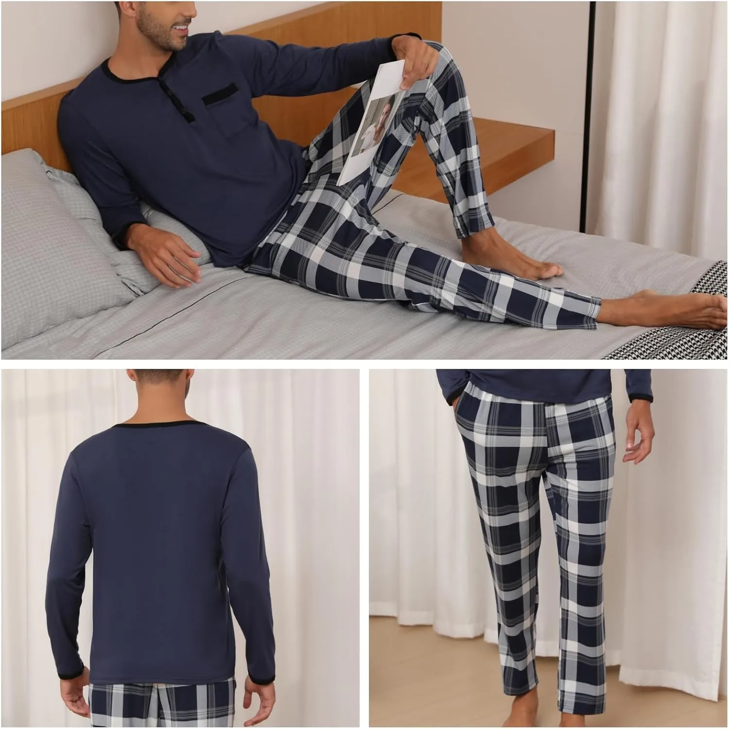 Mens Pyjama Loungewear Sets Comfy Lounge Nightwear Long Sleeve Cotton Pocket Tops Plaid Pants