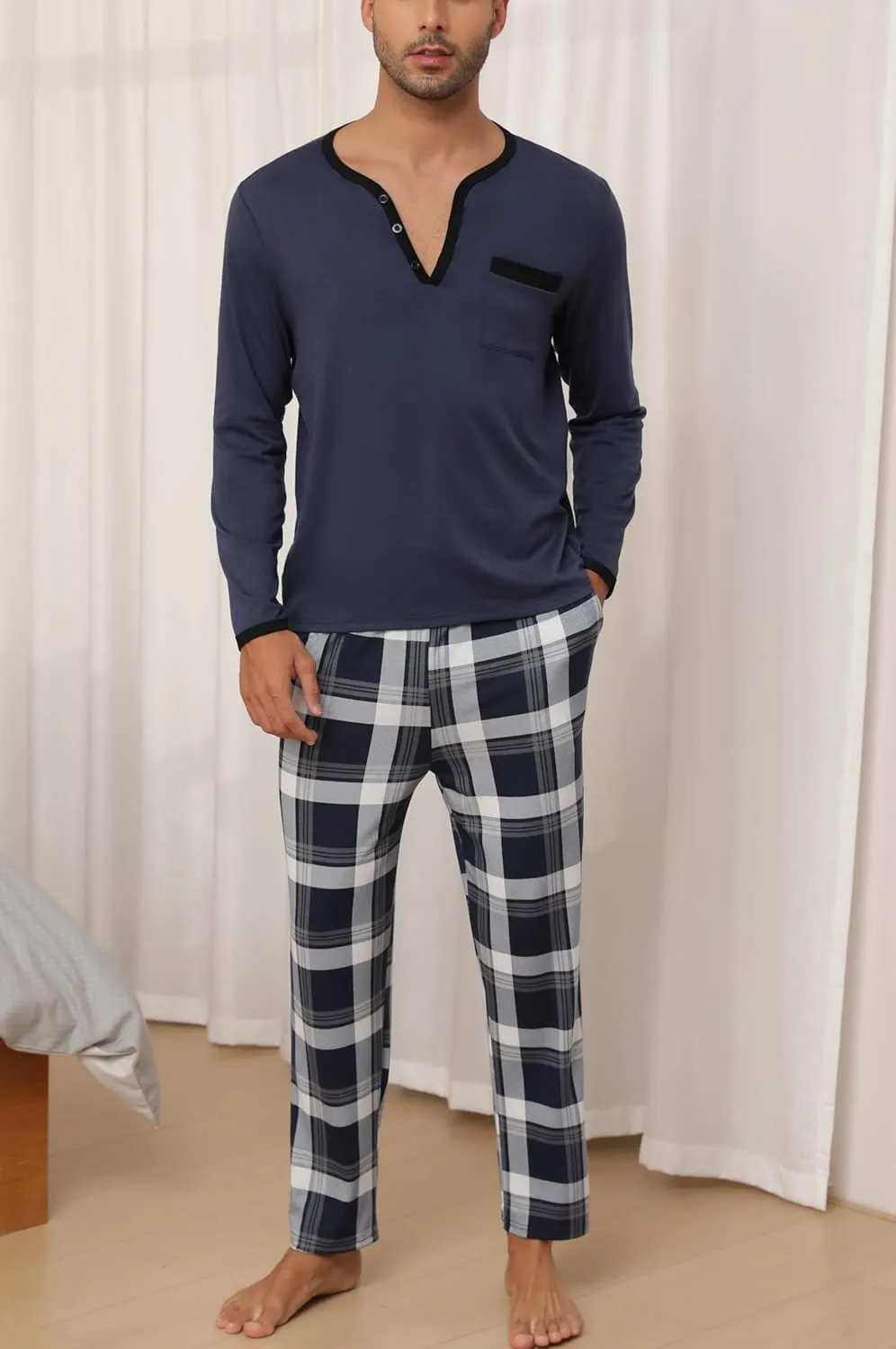 Mens Pyjama Loungewear Sets Comfy Lounge Nightwear Long Sleeve Cotton Pocket Tops Plaid Pants
