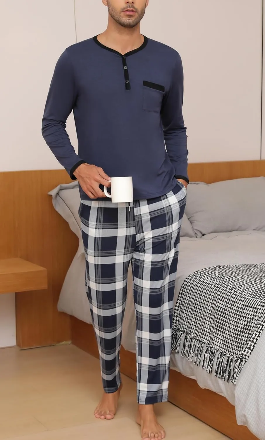 Mens Pyjama Loungewear Sets Comfy Lounge Nightwear Long Sleeve Cotton Pocket Tops Plaid Pants