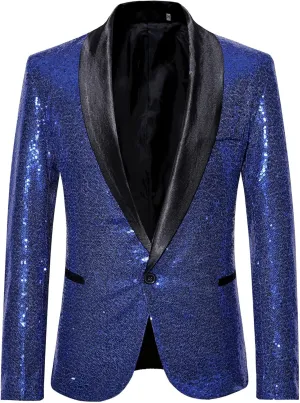 Men's Sequins Suit Jacket Slim Fit Shawl Lapel Blazer Sport Coats 1 Button Tuxedo Jackets for Prom Party Dinner