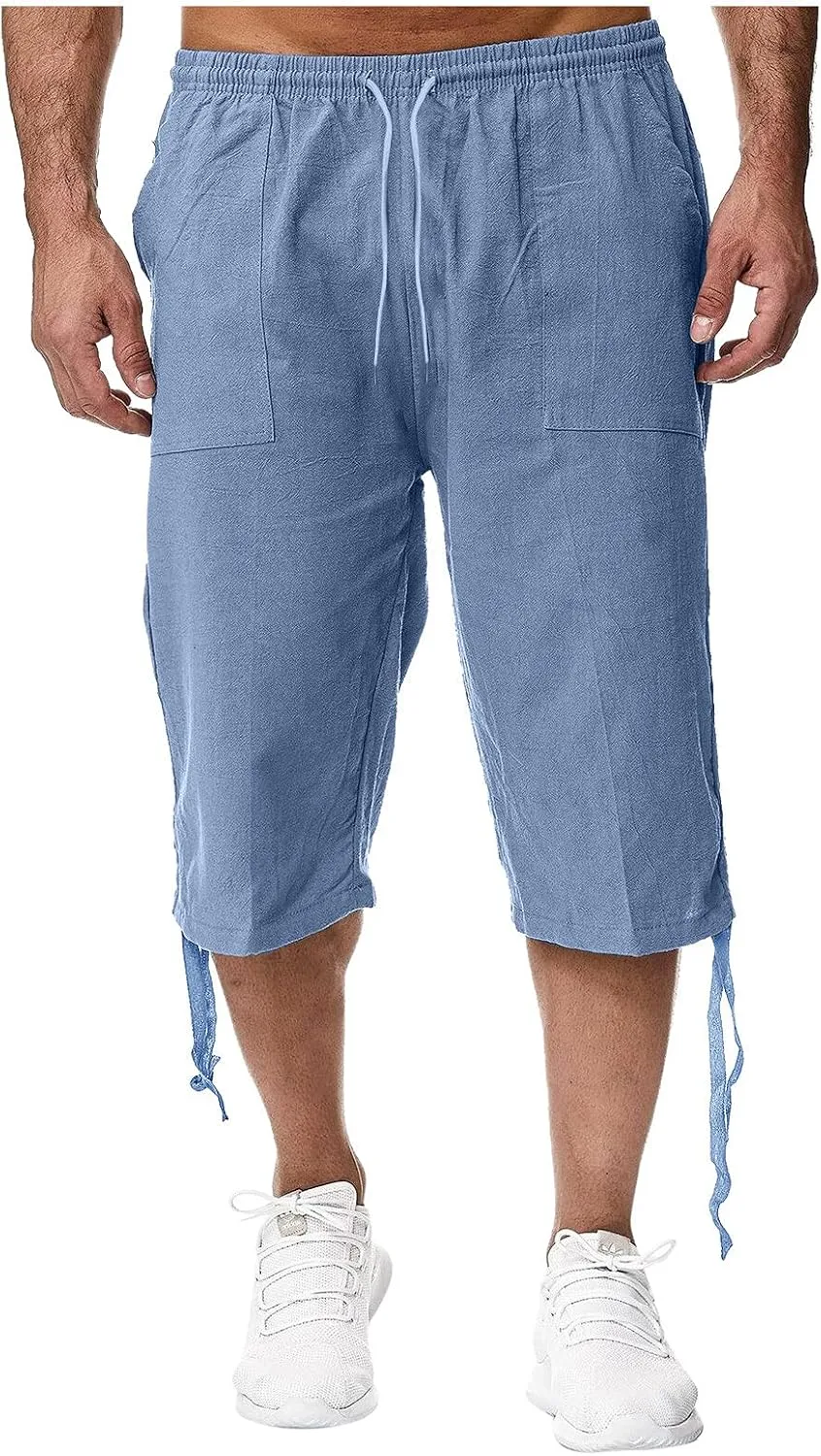 Mens Shorts Cotton Linen Beach Yoga Pants Below Knee Length Casual Loose Fit Canvas Utility Hiker Shorts