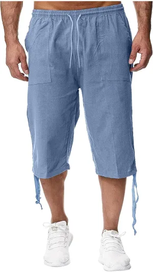 Mens Shorts Cotton Linen Beach Yoga Pants Below Knee Length Casual Loose Fit Canvas Utility Hiker Shorts