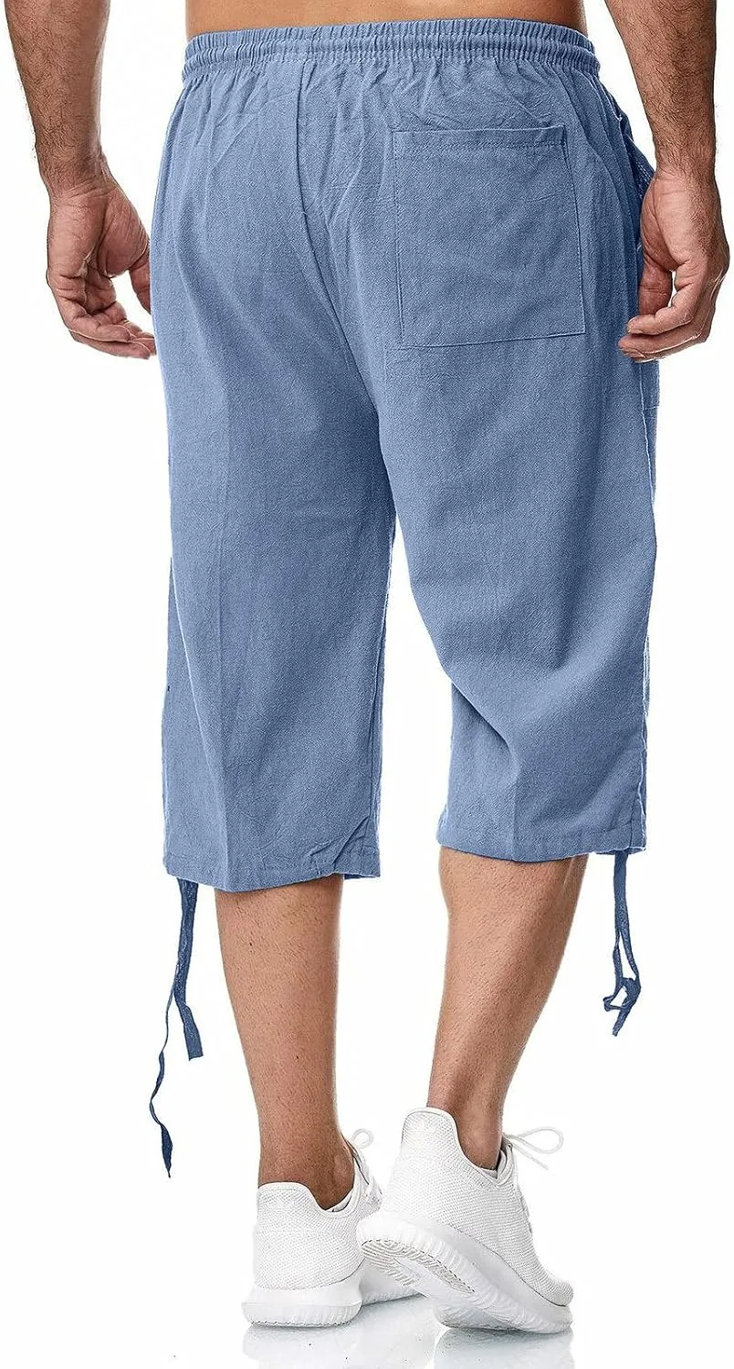 Mens Shorts Cotton Linen Beach Yoga Pants Below Knee Length Casual Loose Fit Canvas Utility Hiker Shorts