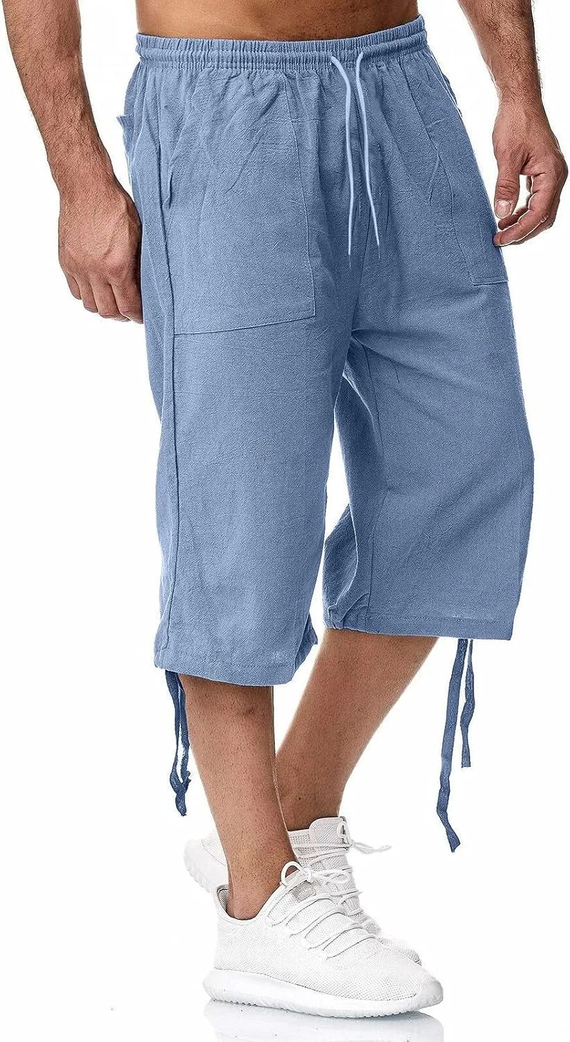 Mens Shorts Cotton Linen Beach Yoga Pants Below Knee Length Casual Loose Fit Canvas Utility Hiker Shorts