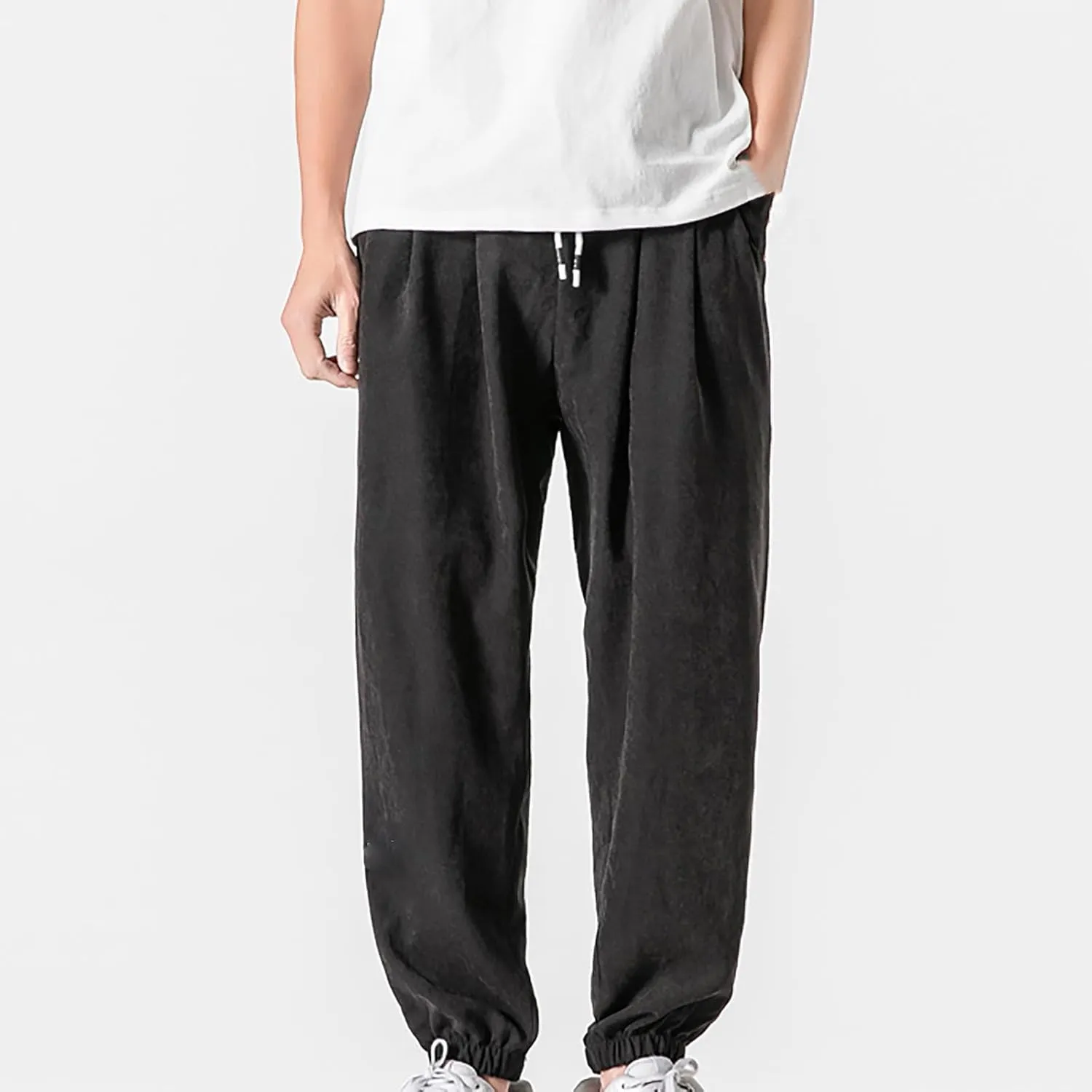 Men's Solid Color Drawstring Elastic Waist Sweatpants Loose Soft Cuffed Pants Casual Cozy Long Pants with Pockets