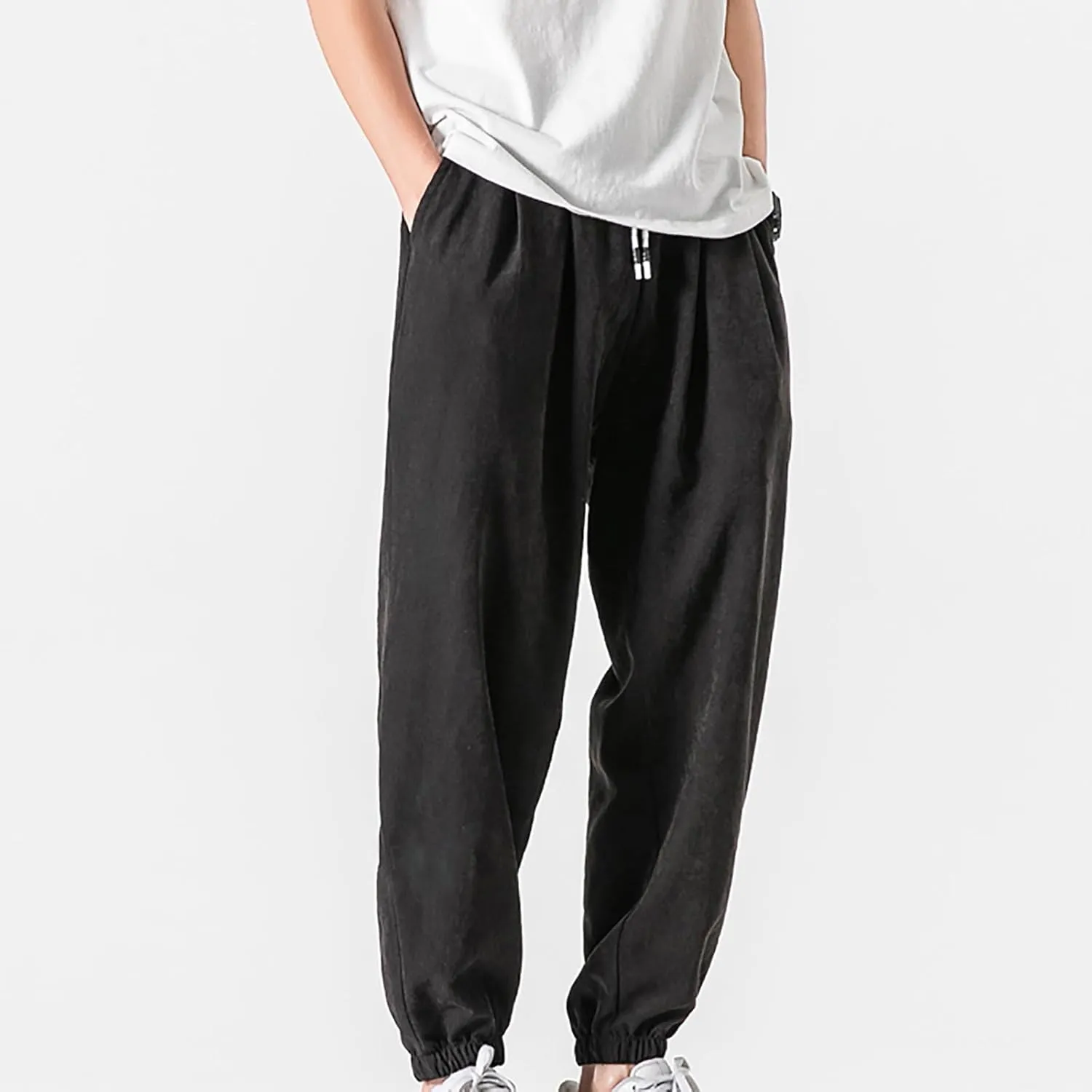 Men's Solid Color Drawstring Elastic Waist Sweatpants Loose Soft Cuffed Pants Casual Cozy Long Pants with Pockets