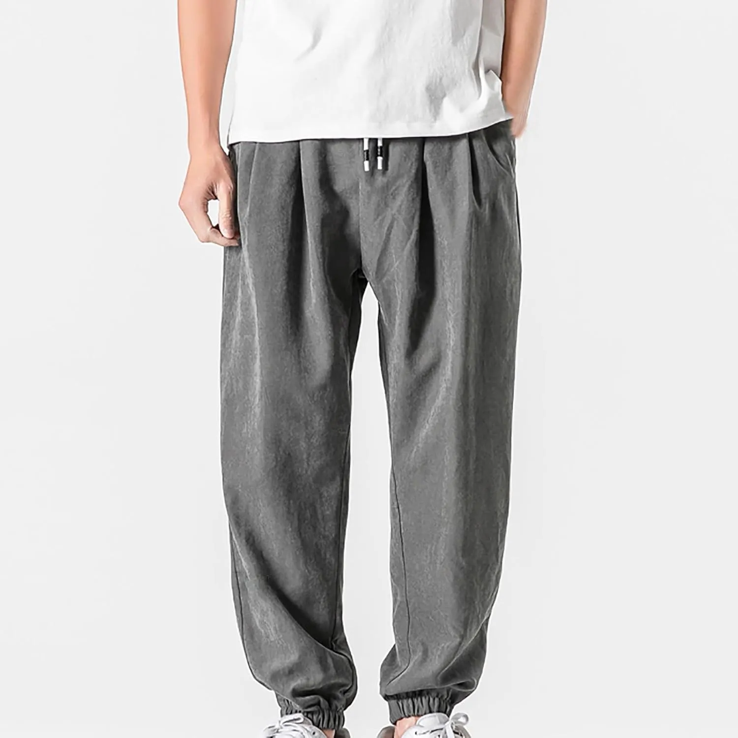 Men's Solid Color Drawstring Elastic Waist Sweatpants Loose Soft Cuffed Pants Casual Cozy Long Pants with Pockets