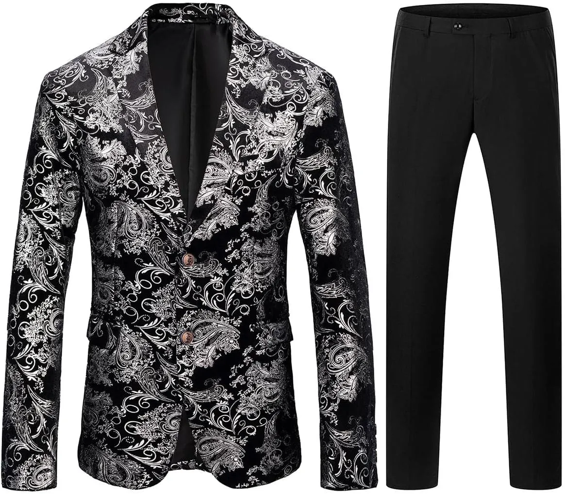Mens Suit Slim Fit 2 Piece Formal Skinny Floral Tuxedo Suit Set Shawl Lapel for Wedding Dinner Party