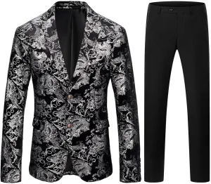 Mens Suit Slim Fit 2 Piece Formal Skinny Floral Tuxedo Suit Set Shawl Lapel for Wedding Dinner Party