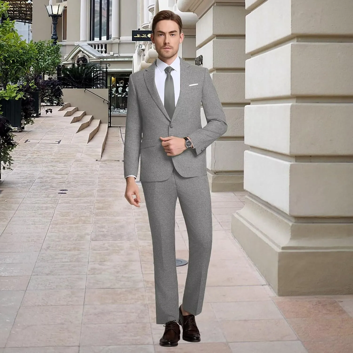 Mens Suits Classic Fit 2 Piece Lightweight Suit Set One Button Casual Jacket Blazer Pant for Men Wedding Bussiness