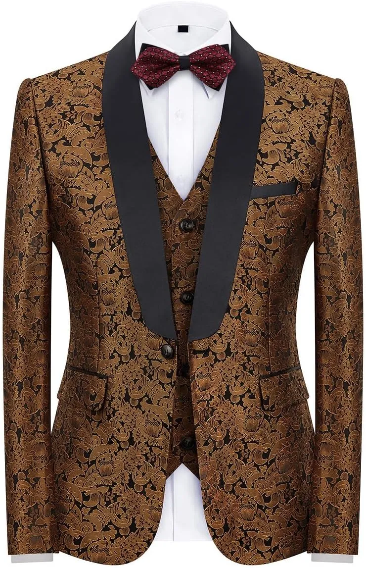 Mens Tuxedo Suits Slim Fit 3 Piece Formal Skinny Tuxedo Suit Set Shawl Lapel Paisley Suits Men for Wedding Prom
