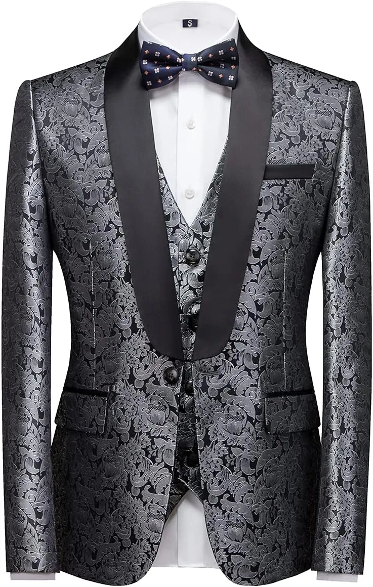 Mens Tuxedo Suits Slim Fit 3 Piece Formal Skinny Tuxedo Suit Set Shawl Lapel Paisley Suits Men for Wedding Prom