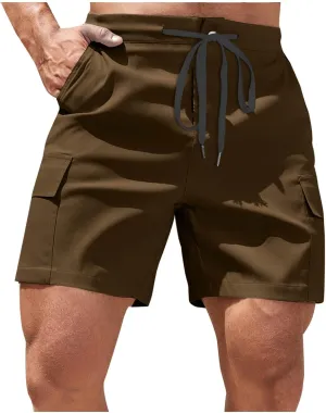 Mens Utility Cargo Shorts Stretch Drawstring Waist Quick Dry Shorts with Dual Flap Pockets and Athletic Fit