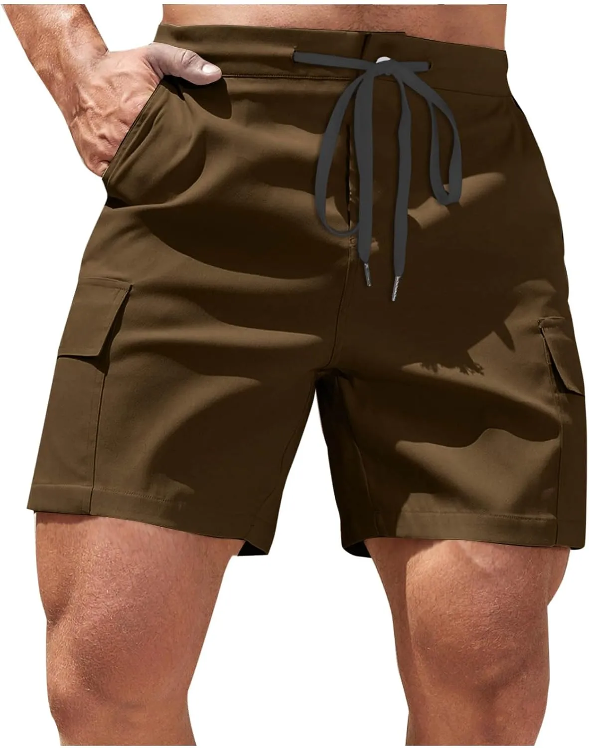 Mens Utility Cargo Shorts Stretch Drawstring Waist Quick Dry Shorts with Dual Flap Pockets and Athletic Fit
