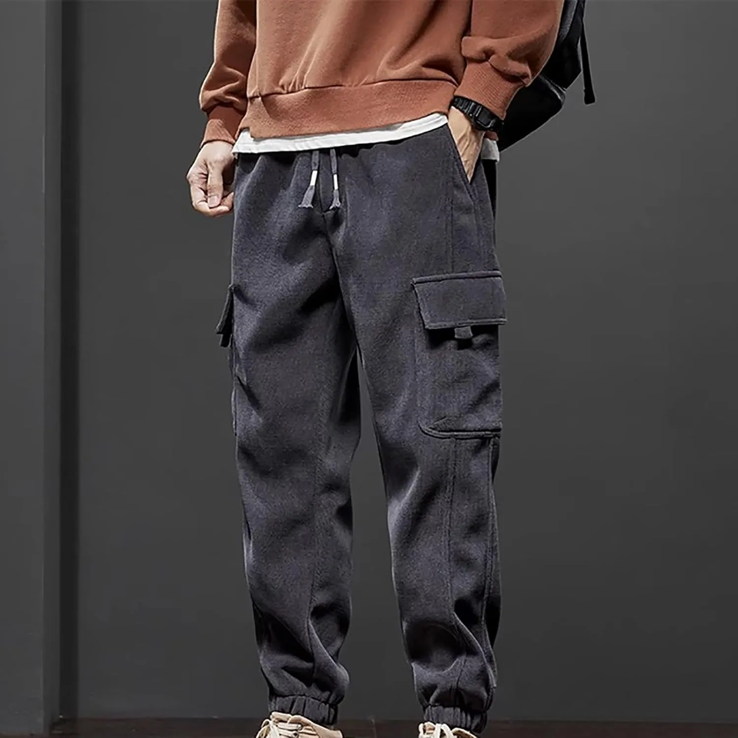 MIDOO Mens Cargo Pant Elastic Waist Casual Jogger Pant Stretch Drawstring Elastic Waist Tapered Leg Sweatpants with Pockets