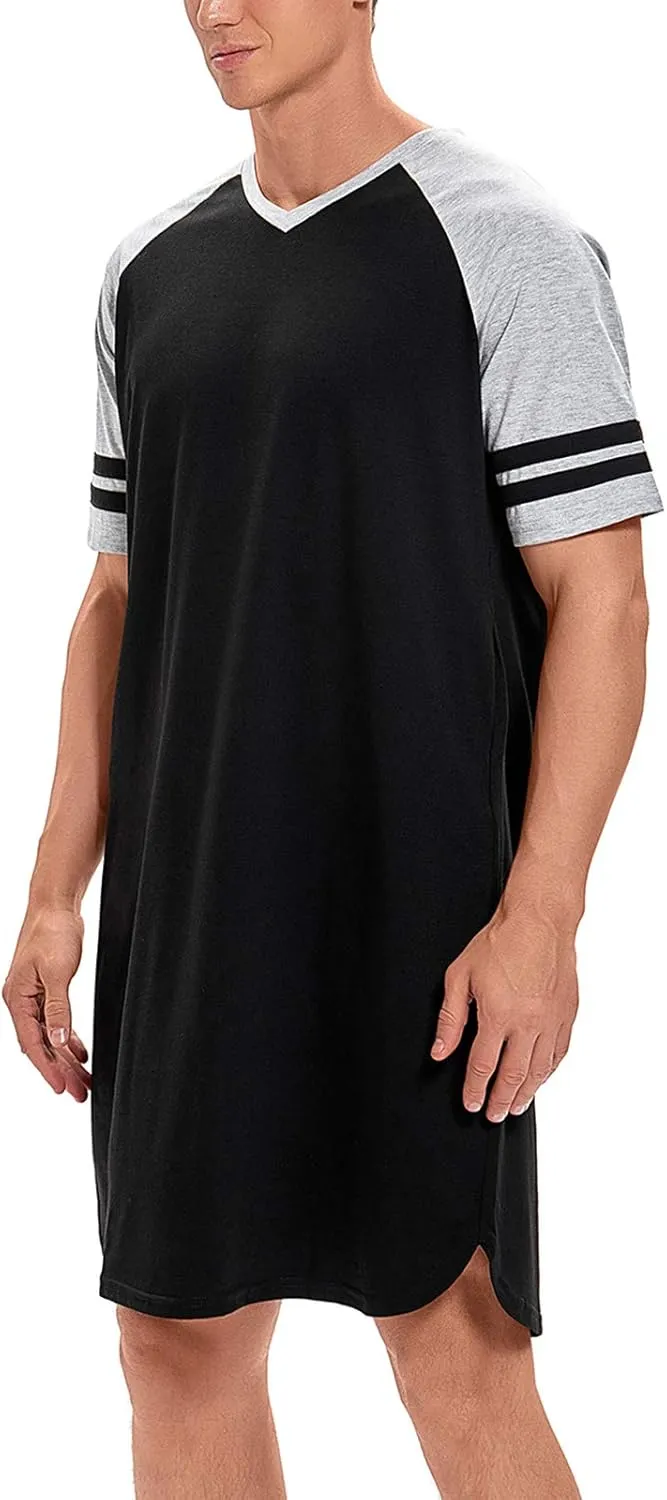 MINTLIMIT Men's Cotton Nightwear Long Night Shirts Short Sleeve Sleepwear Pockets Nightgown Big&Tall Soft Sleep Shirt M-XXXL
