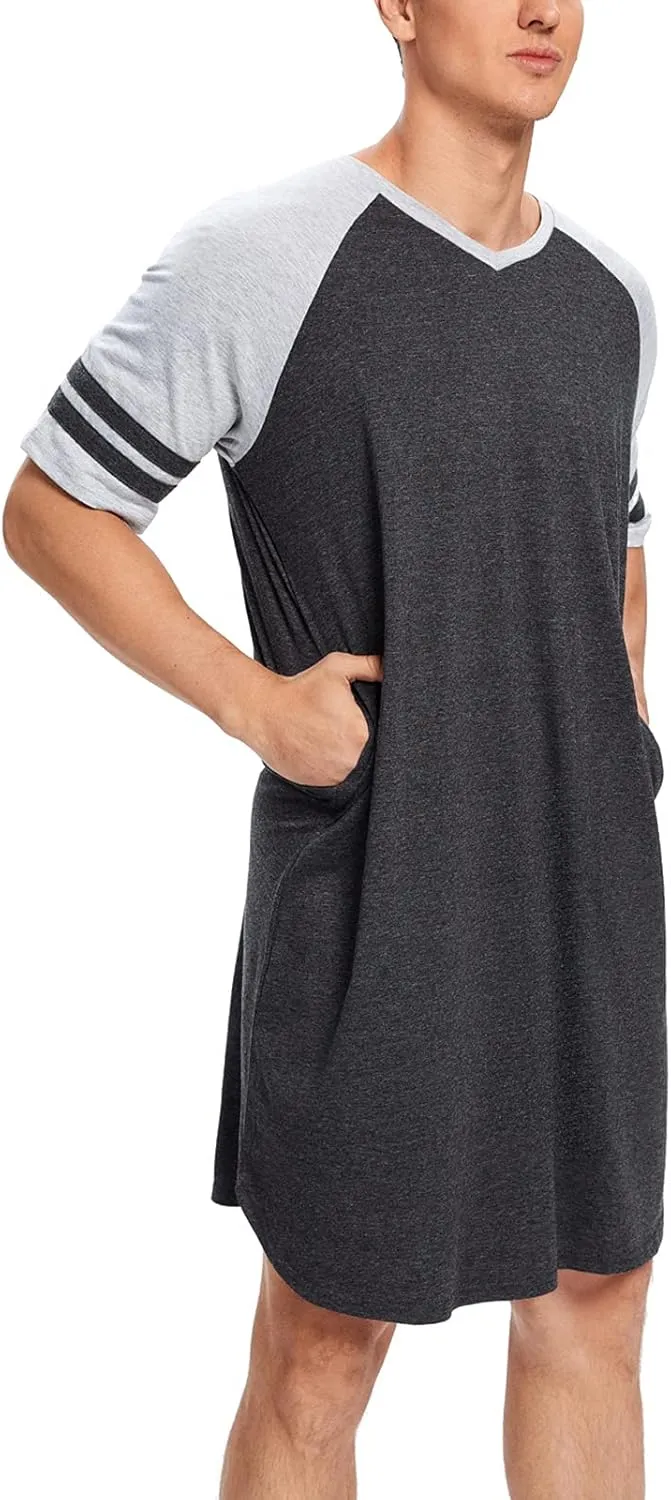 MINTLIMIT Men's Cotton Nightwear Long Night Shirts Short Sleeve Sleepwear Pockets Nightgown Big&Tall Soft Sleep Shirt M-XXXL